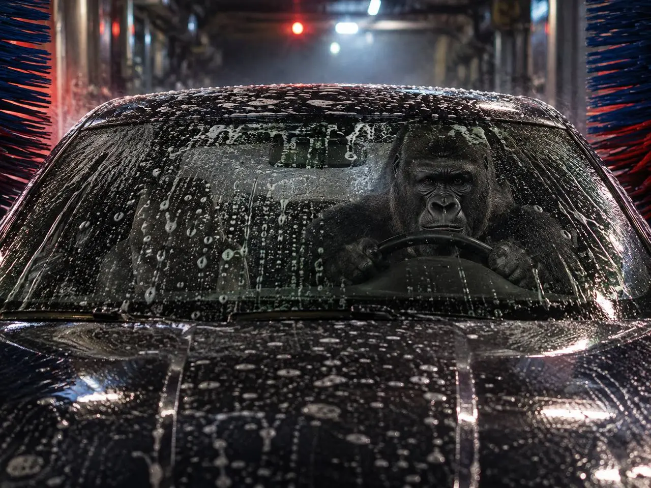 Gorilla staring through soapy windshield in a car wash