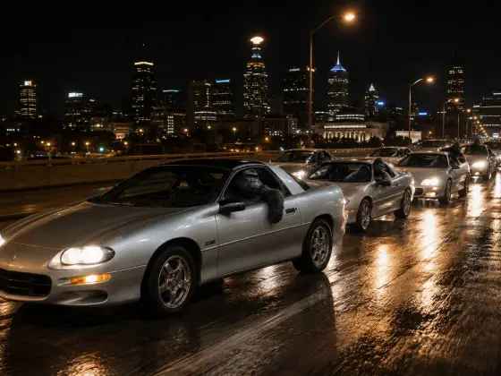 A convoy of Camaros with gorillas at night