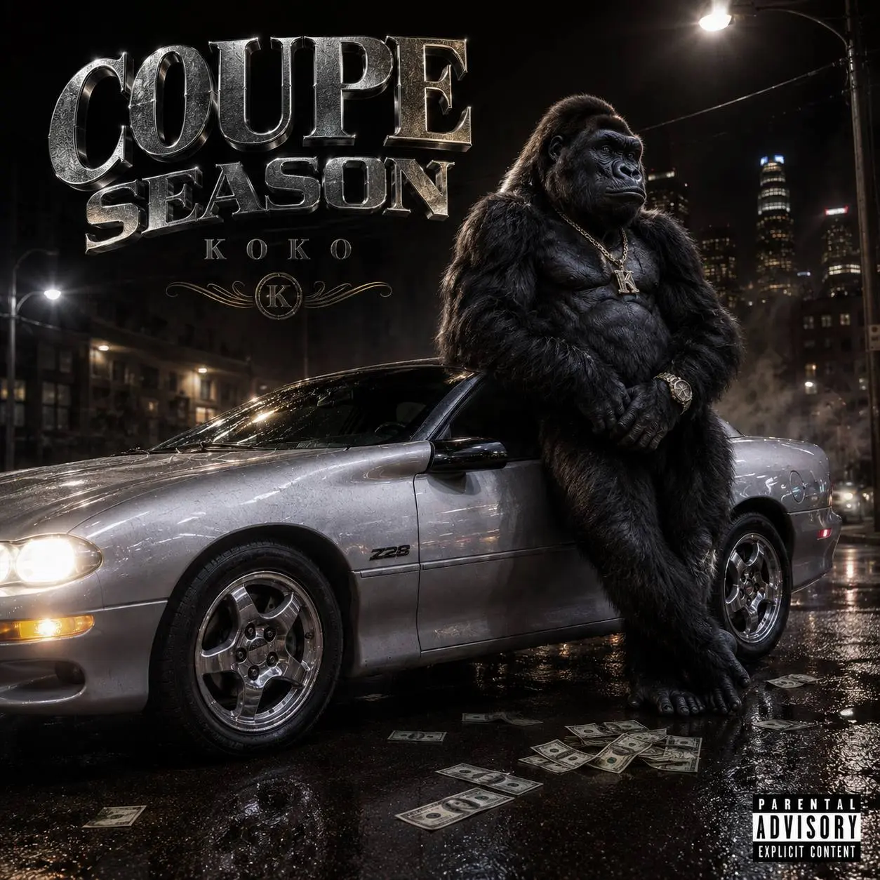 Coupe Season album cover: Koko leaning on the Camaro at night
