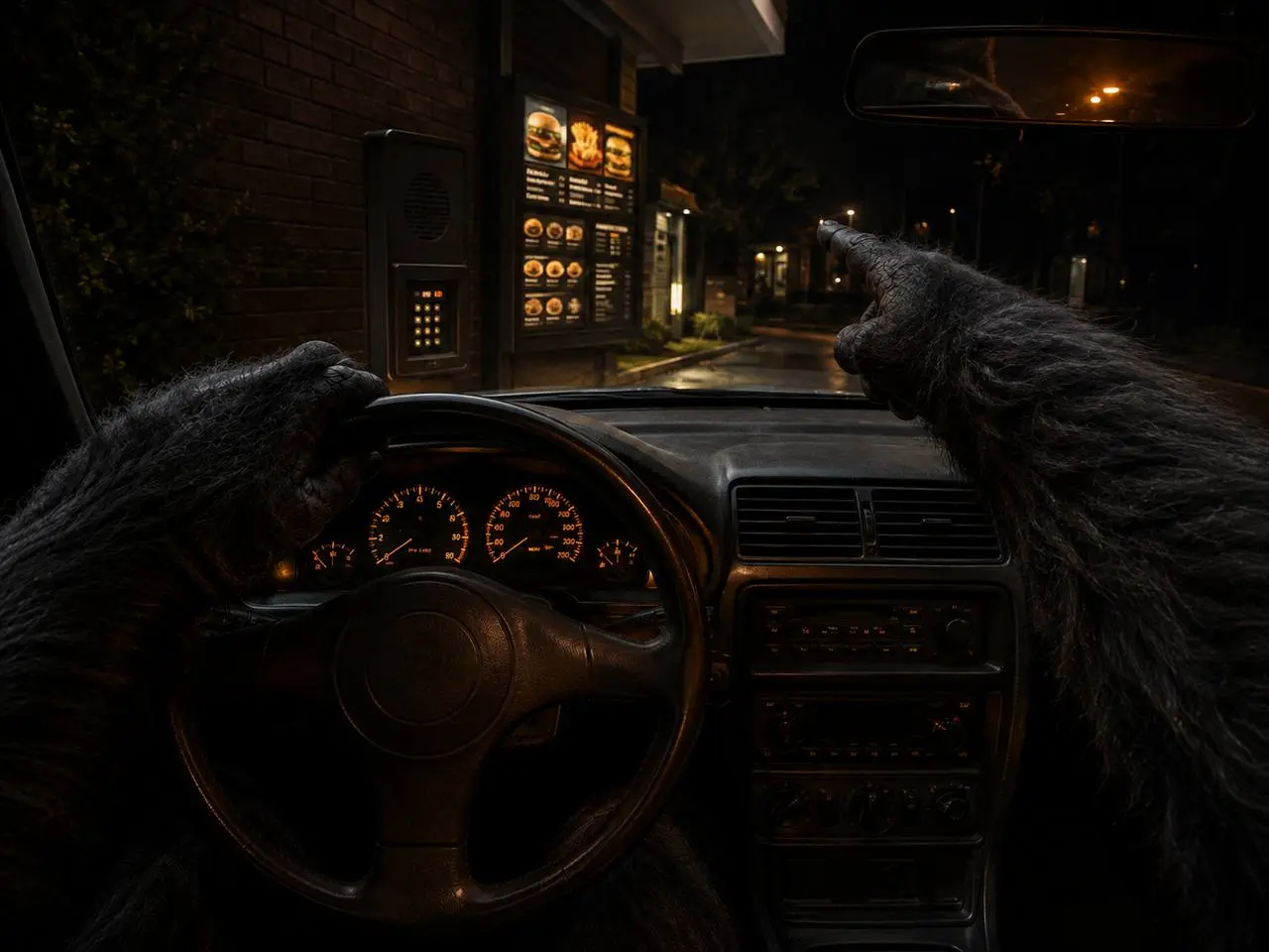Gorilla POV at a drive-thru menu at night