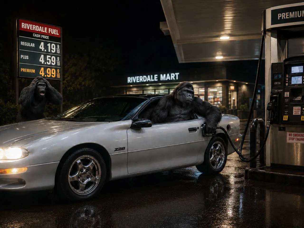 Gorilla pumping premium gas while another gorilla screams in the background