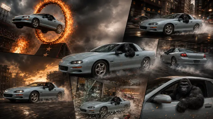 The coupe emerging from a fire portal