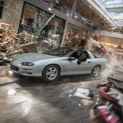 Camaro drifting through a shopping mall