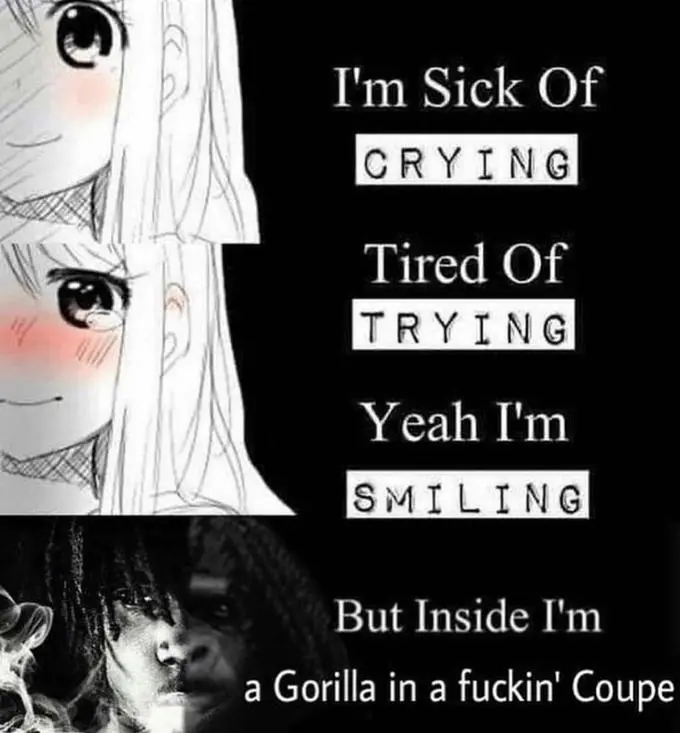 Sick of crying tired of trying meme, inside I'm a gorilla in a coupe