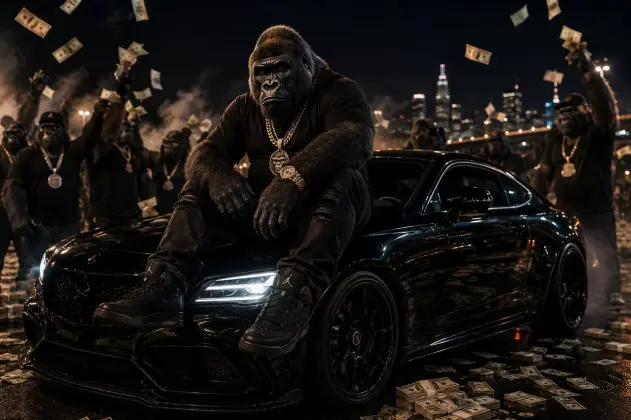 Gorilla sitting on the hood with money falling