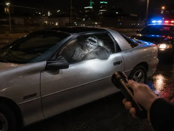 Officer's flashlight on the gorilla in the Camaro