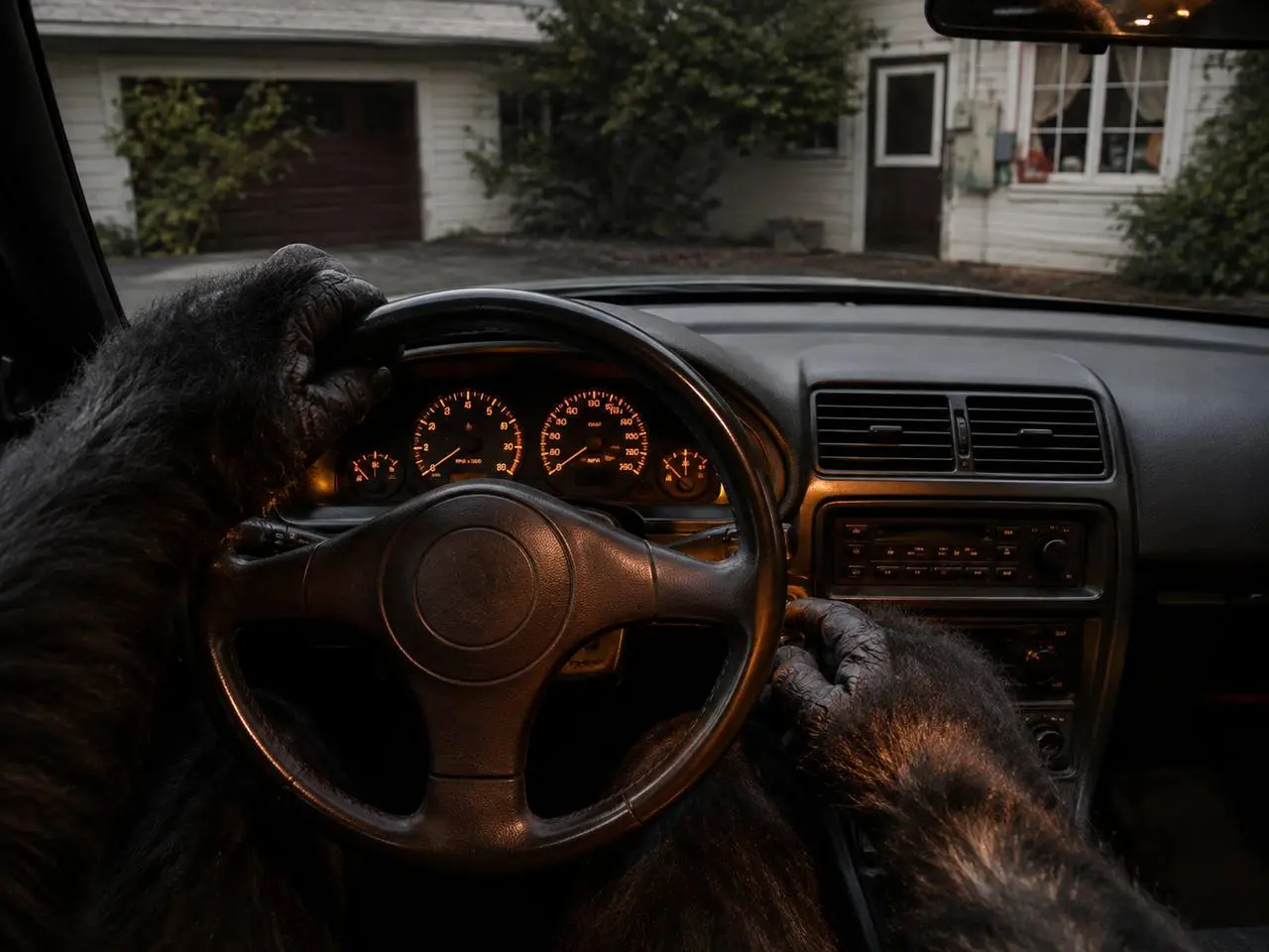 POV from the driver's seat: pulling up to a quiet house at dusk