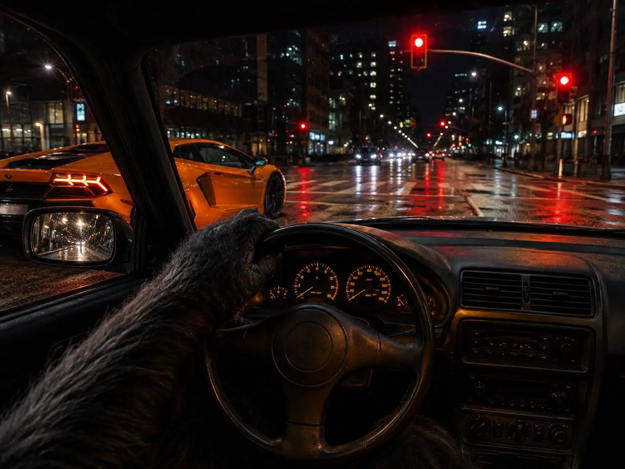 POV from the driver's seat: an orange Lamborghini at a red light