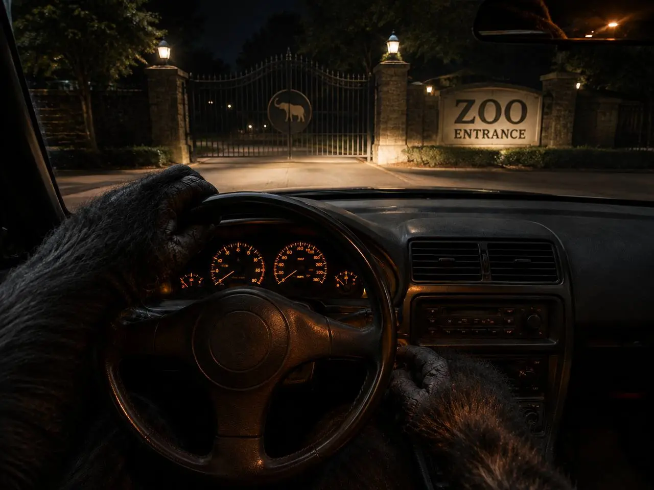POV from the driver's seat: the zoo entrance gates at night
