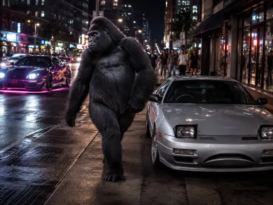 Gorilla walking beside parked cars downtown