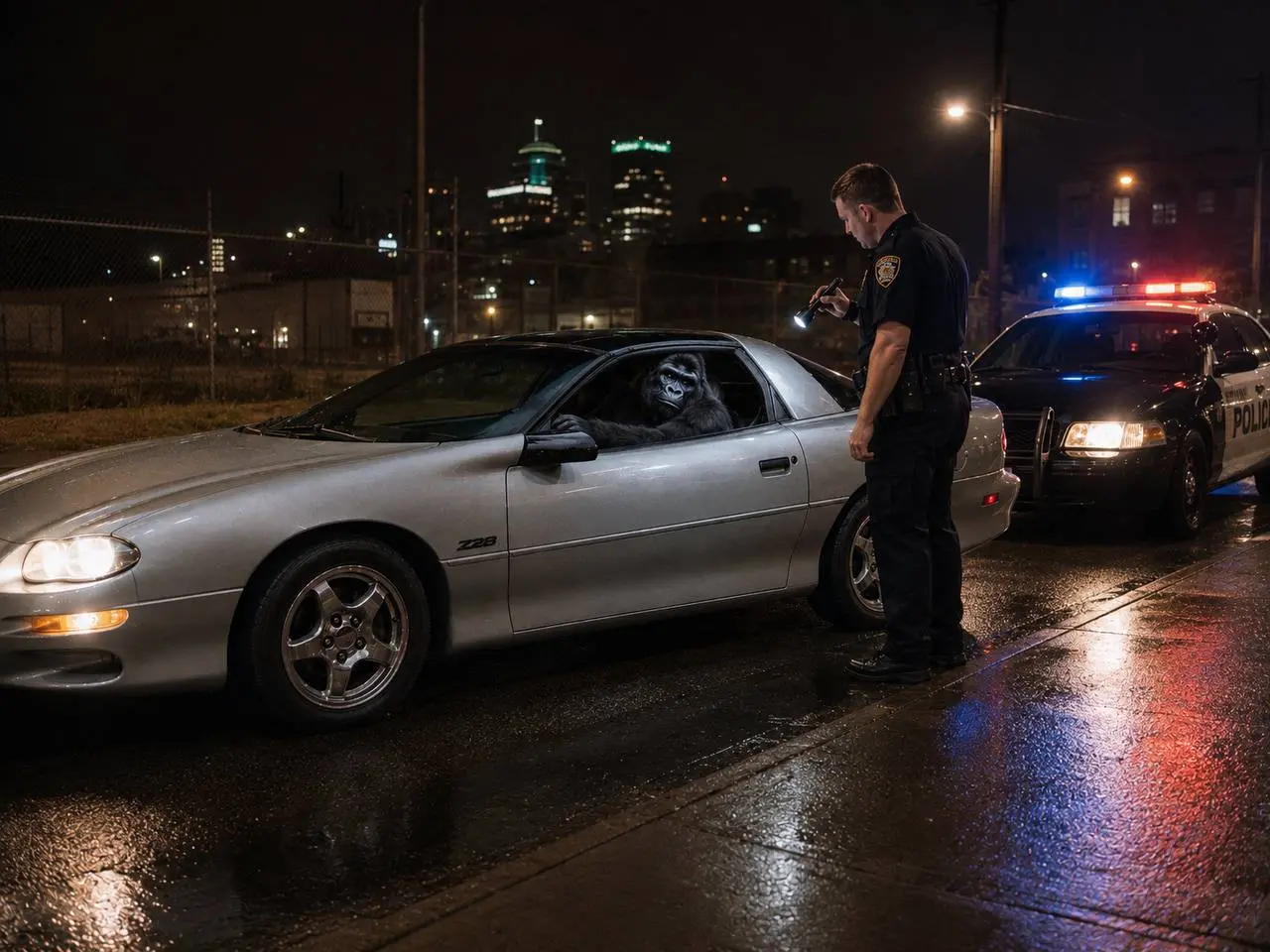 Police officer with flashlight approaching the gorilla's Camaro