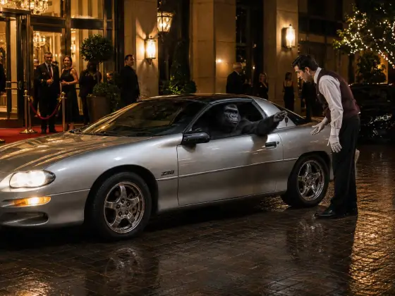 Handing keys to the valet at a grand hotel