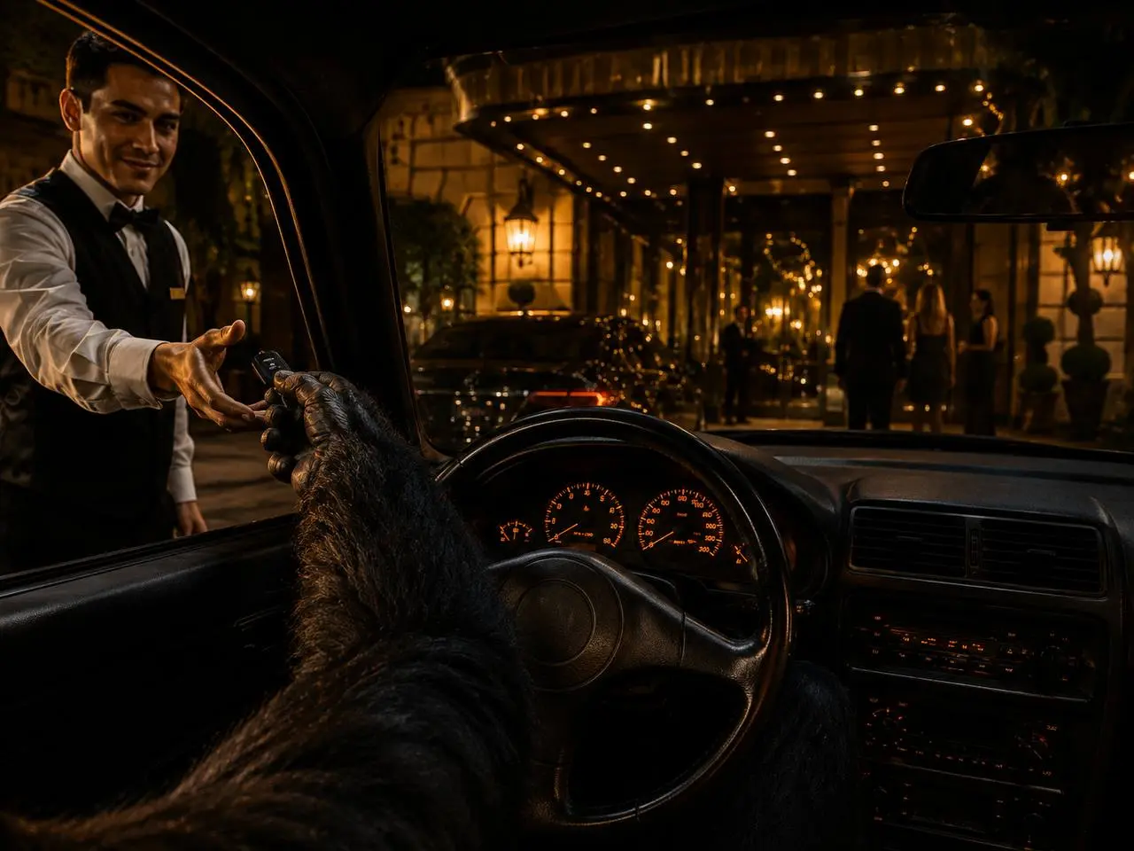 Valet reaching for keys from a gorilla's hand at a fancy hotel